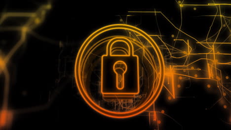 animación de procesamiento de datos digitales y icono de candado sobre fondo negro