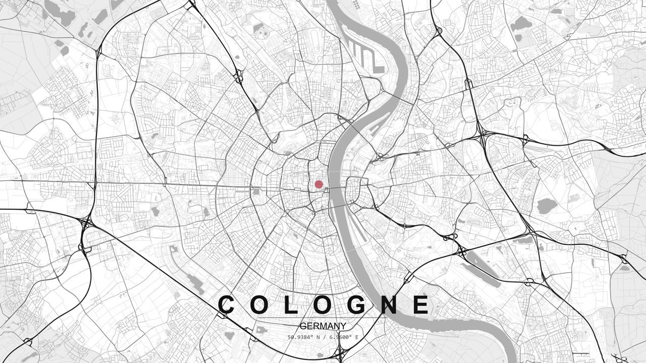 Map of Cologne, Germany, showing a large river curve, surrounding road network and a red location pin marking a central urban position.