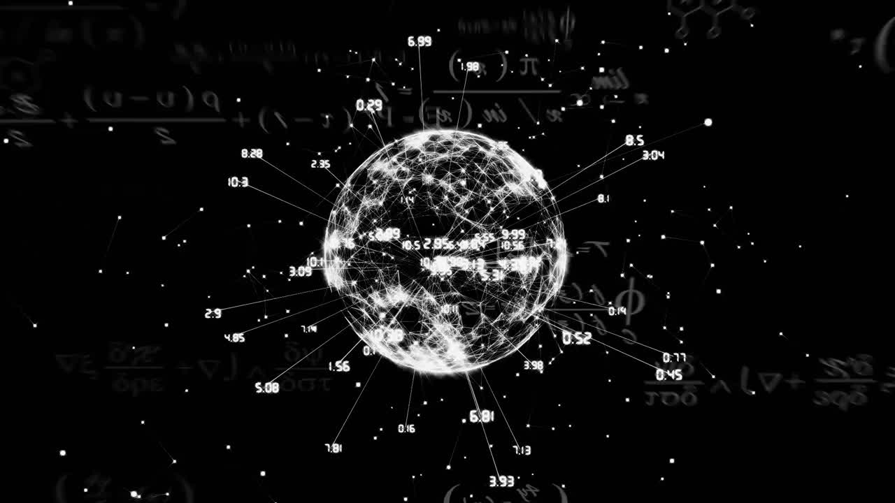 검은 바탕에 데이터 처리와 함께 수학 방정식과 지구의 애니메이션