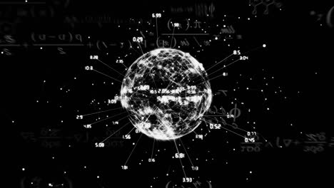 Animation-of-mathematical-equations-and-globe-with-data-processing-on-black-background