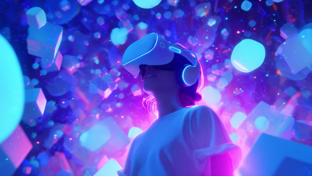 Immersive Virtual Reality Experience with a User in a High-Tech Headset Surrounded by Vibrant Colorful Graphics, Representing the Future of Digital Interaction and Entertainment