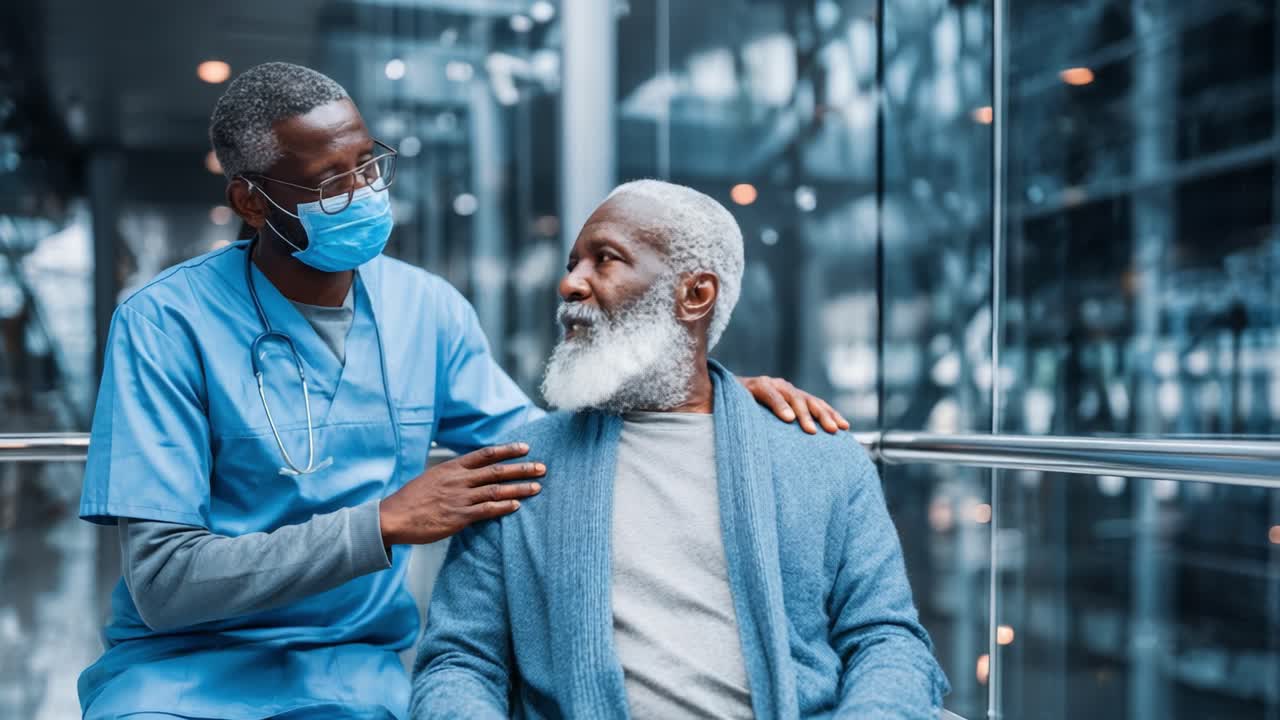Interazione premurosa tra operatore sanitario e paziente anziano in un ambiente medico moderno che dimostra empatia e compassione durante un controllo