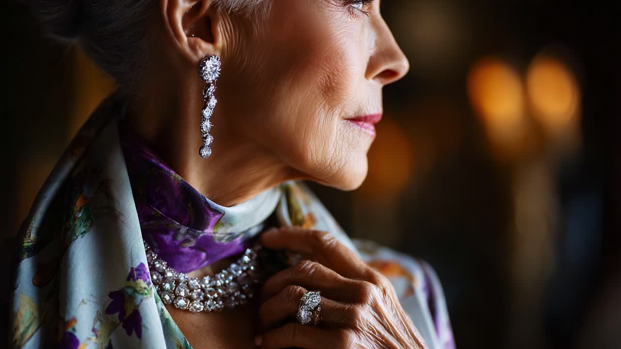 Elegant Portrait of a Mature Woman Adorned with Stunning Jewelry, Capturing the Beauty and Grace of Timeless Style in a Softly Lit Environment Focused on Detail