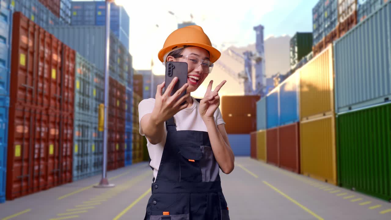 trabajadora asiática con gafas de protección y casco de seguridad usando un teléfono inteligente tomando fotos mientras está de pie en un almacén de contenedores