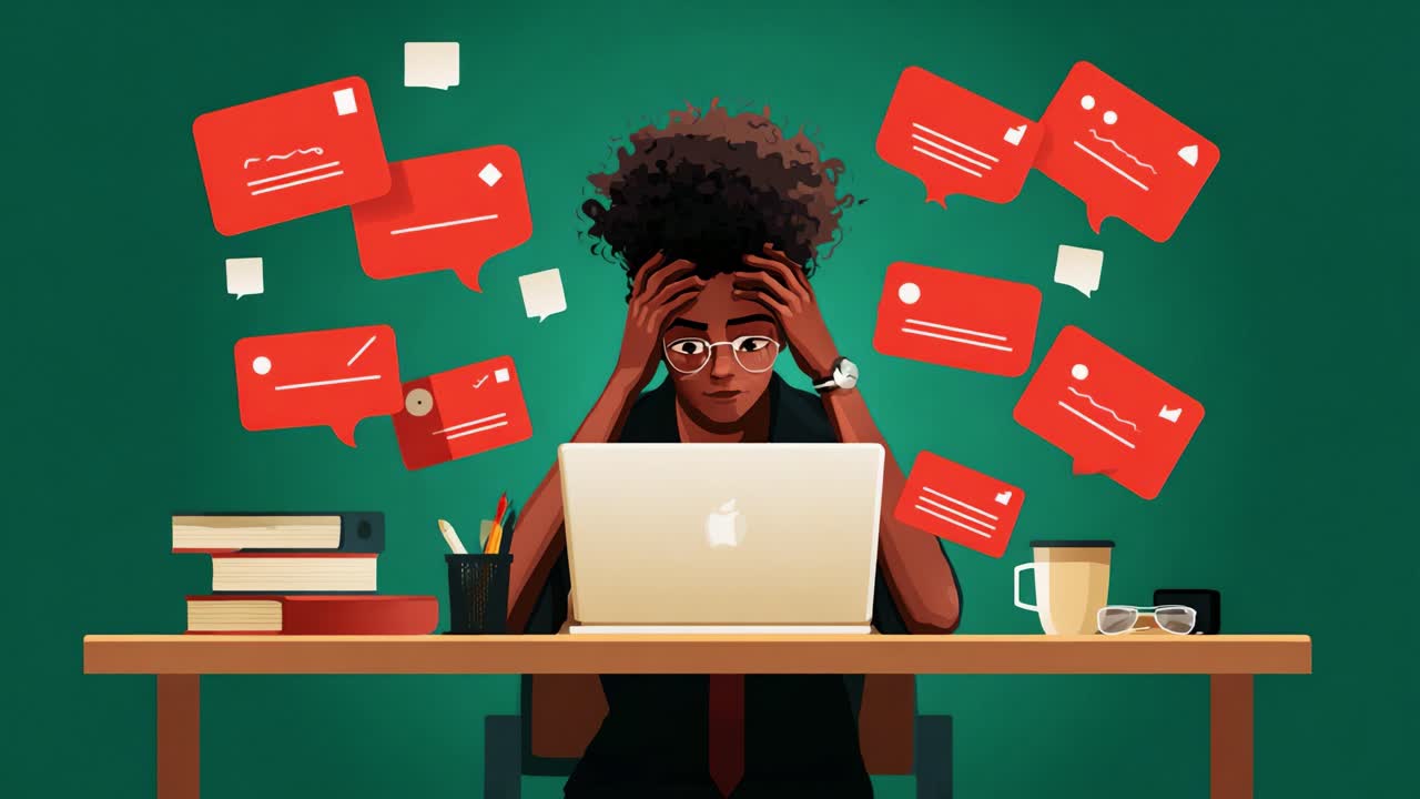 A Frustrated Individual Overwhelmed by Digital Notifications While Working at a Desk, Surrounded by Books and Coffee, Struggles with Communication Overload in Today's Online Environment