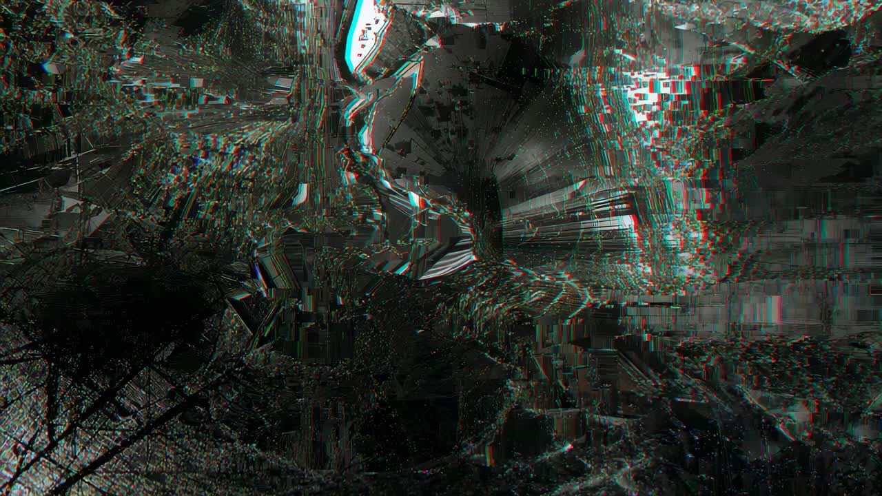 Glitching corrupt landscape shifting from file error in aerial view, with tree and pixel blocks