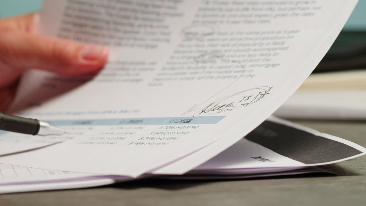 Close-Up of Hand Reviewing Financial Document with Pen