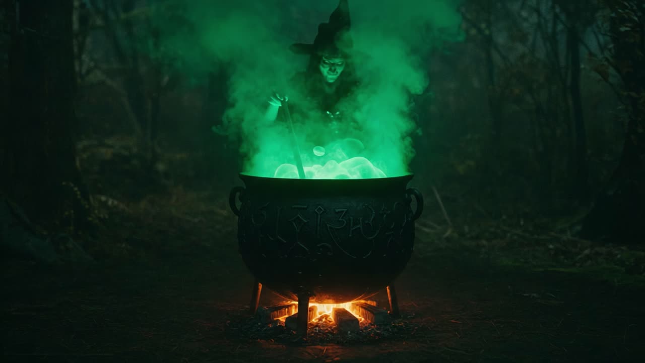 In a mystical forest, a witch brews a potent potion in a bubbling cauldron, surrounded by a mesmerizing green mist and an aura of magic emanating from the flames