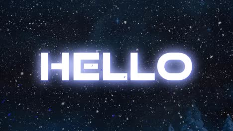 animation of hello over snow falling on black background