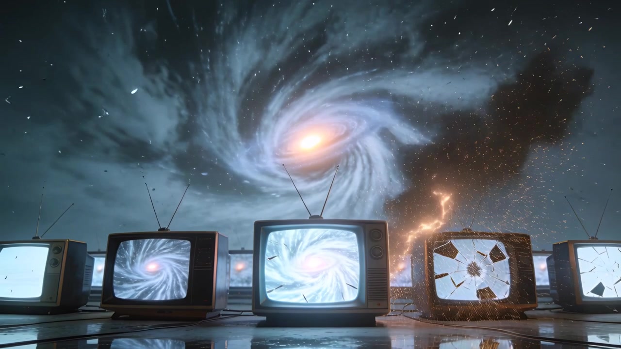 Attivato da una spirale nel cielo, televisori CRT vintage che riflettono la spirale, un apparecchio rotto in fiamme sul tetto.