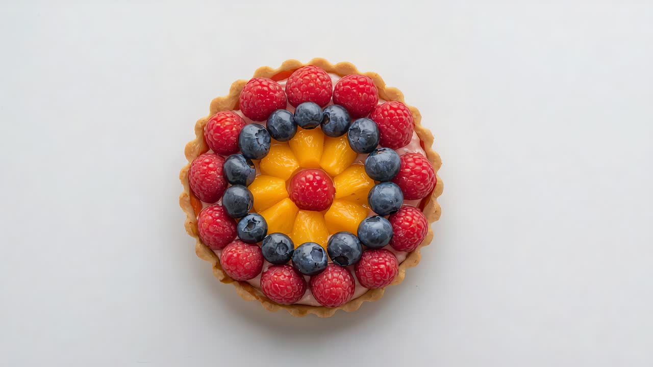Zooming camera cropping down toward fruit tart on white tabletop, highlighting fruit rings custard