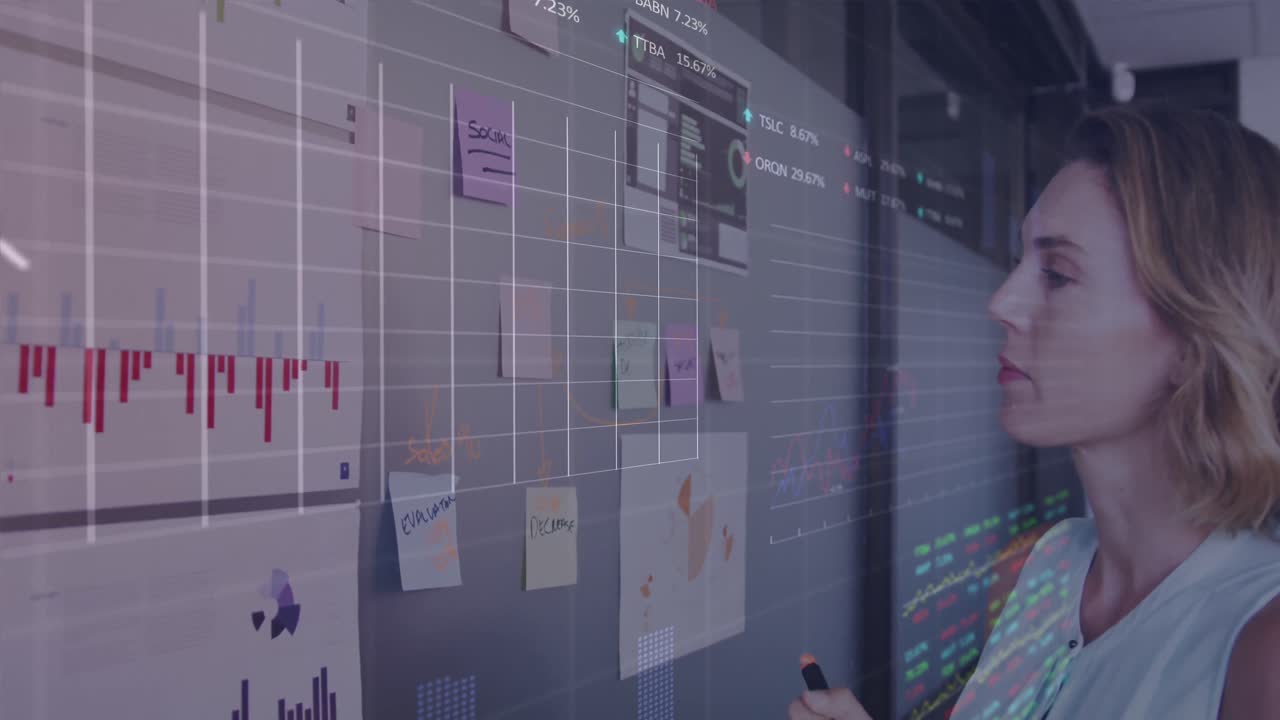 animación de la interfaz que muestra datos y estadísticas con una mujer de negocios que trabaja en la oficina