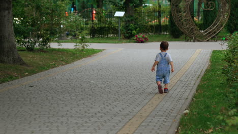 rear view of a baby in jeans romper walking by the paved road. little boy points at something with his hand walking by the park.