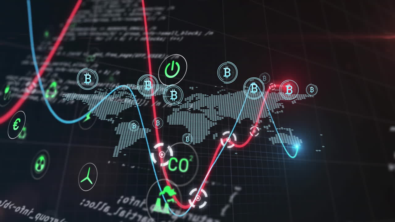 추상적인 배경에 대한 지도 위에 컴퓨터 언어를 통해 그래프와 여러 아이콘의 애니메이션