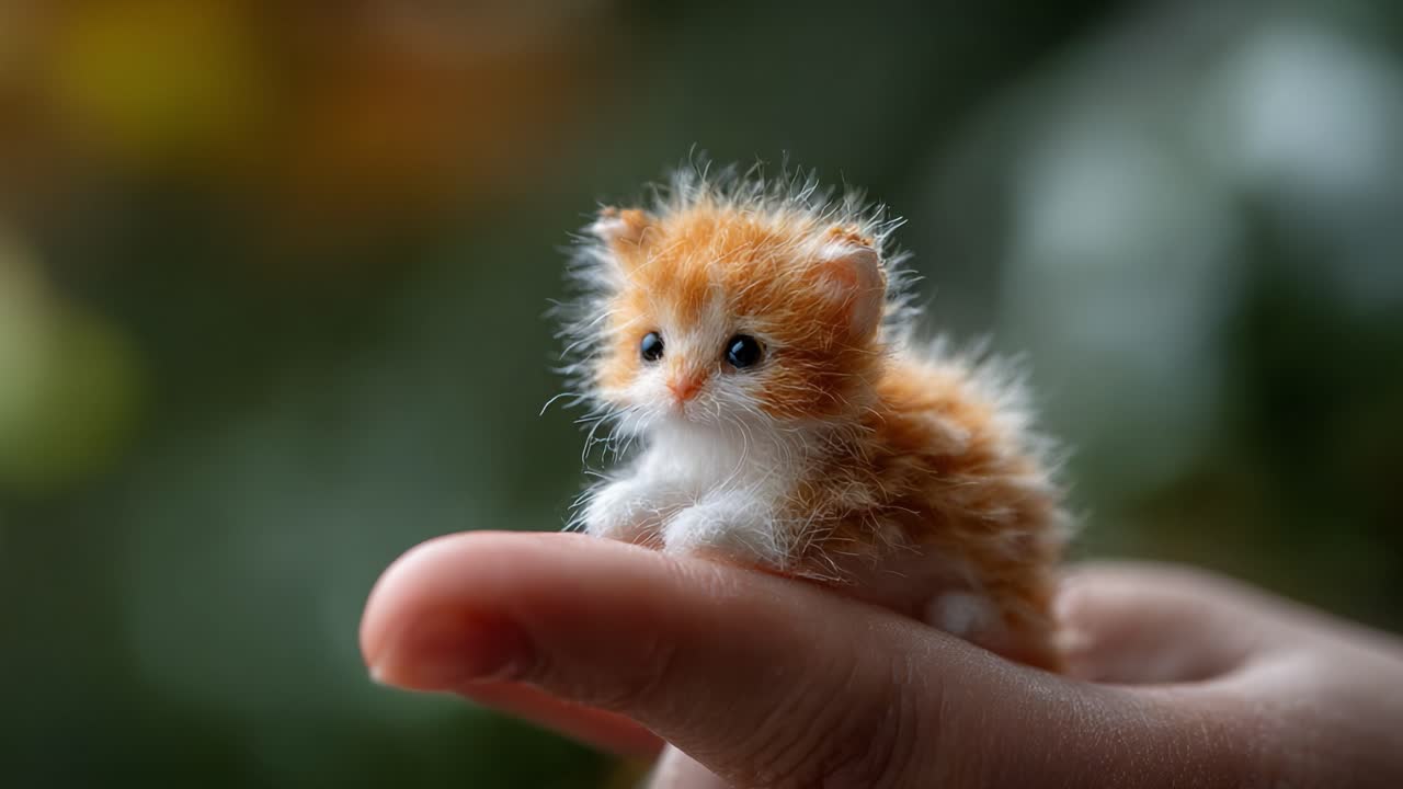 Adorable Handheld Kitten Figurine: A Fluffy Cat Model Captured in Delicate Hand Gesture, Showcasing Cuddly Features and Expressive Expression in Beautiful Soft Lighting