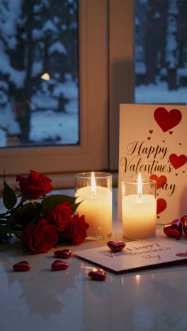 romantic valentine's day scene revealing soft candlelight, red roses, and greeting cards creating warm atmosphere through snow covered window