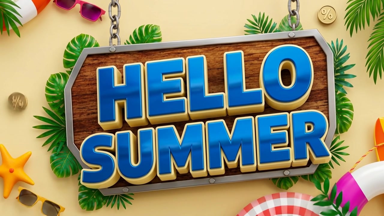Hello Summer Sign Hanging with Tropical Beach Decorations