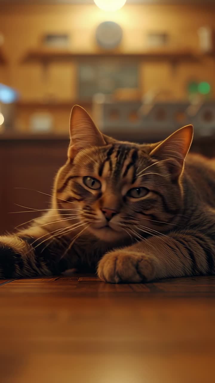 Vertical video: Noticing movement, tabby cat rising and walking in living room, with wooden floor
