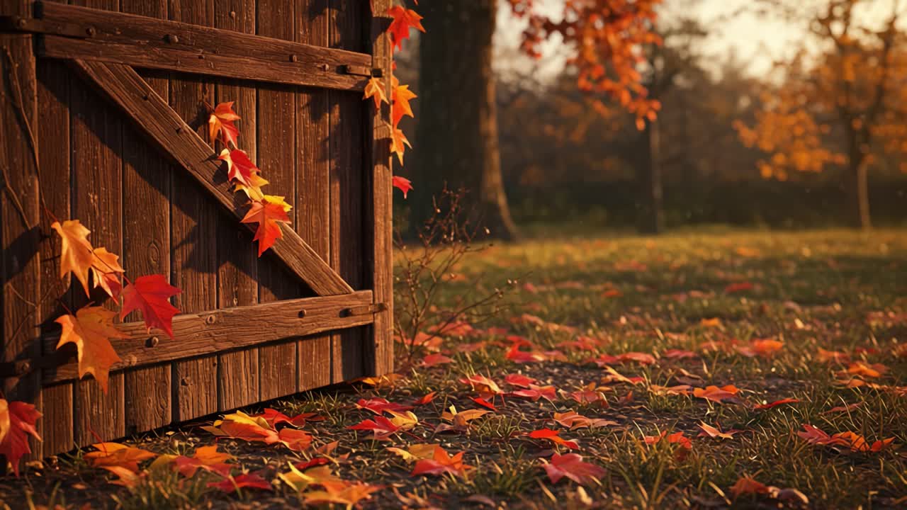 A picturesque autumn scene featuring a rustic wooden gate adorned with vibrant red and orange leaves, symbolizing the beauty of fall in a serene landscape