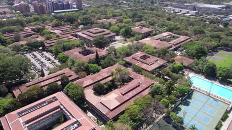 aerial view, university of antioquia campus, medellin colombia, buildings and parks, drone shot