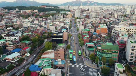 큰 산과 숲을 배경으로 한 한국의 다채로운 아시아 마을의 공중 드론 전망