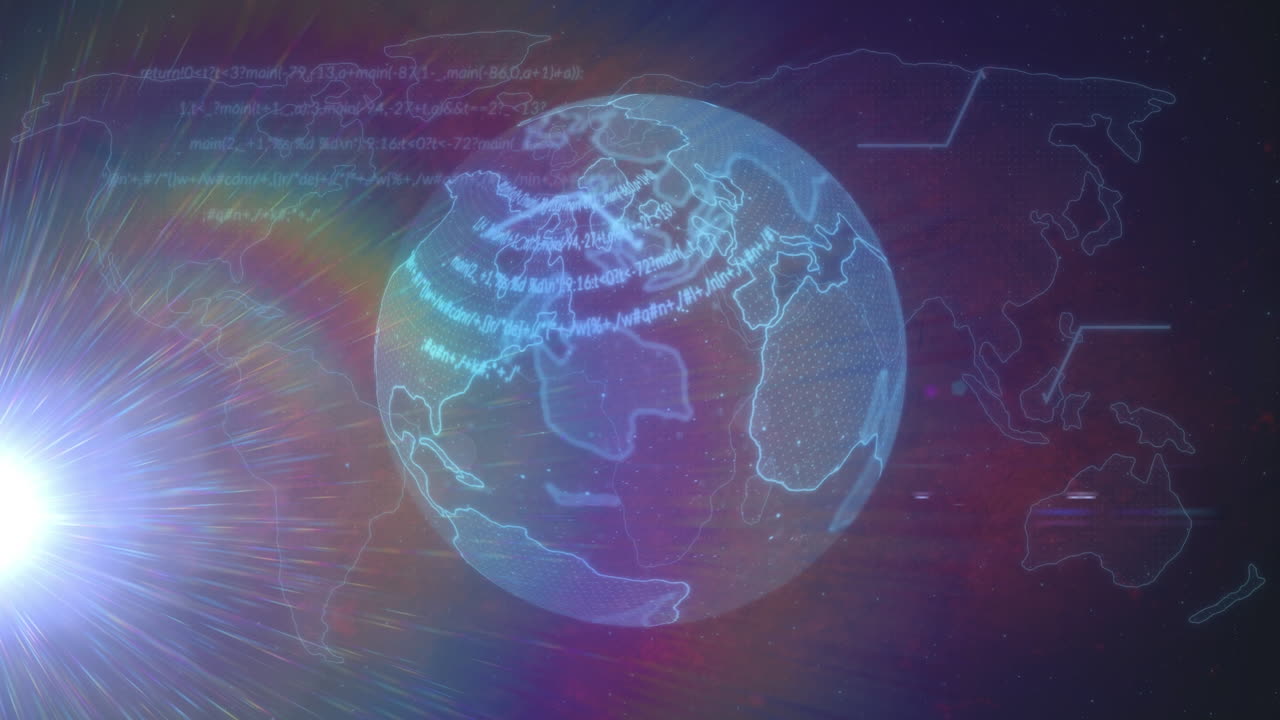 검은 바탕에 세계지도와 함께 지구와 빛의 흔적의 애니메이션