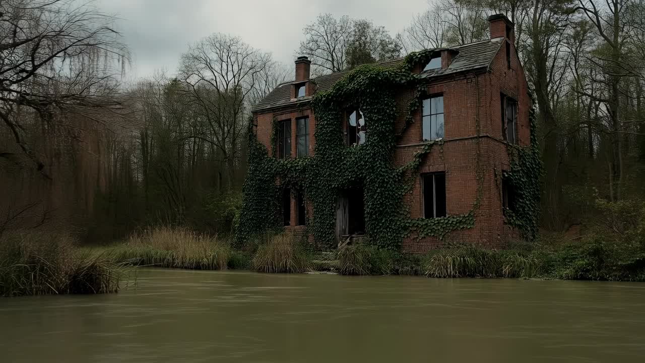Schwenkende Kamera, die ein mit Efeu bewachsenes, zweistöckiges Backsteinhaus am Teichrand enthüllt und eine verfallene Fassade freilegt