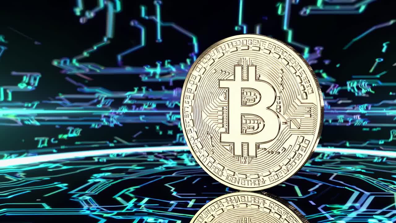 A close-up, low-angle video of a Bitcoin coin with a digital circuit background