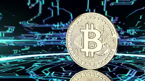 a close-up, low-angle video of a bitcoin coin with a digital circuit background