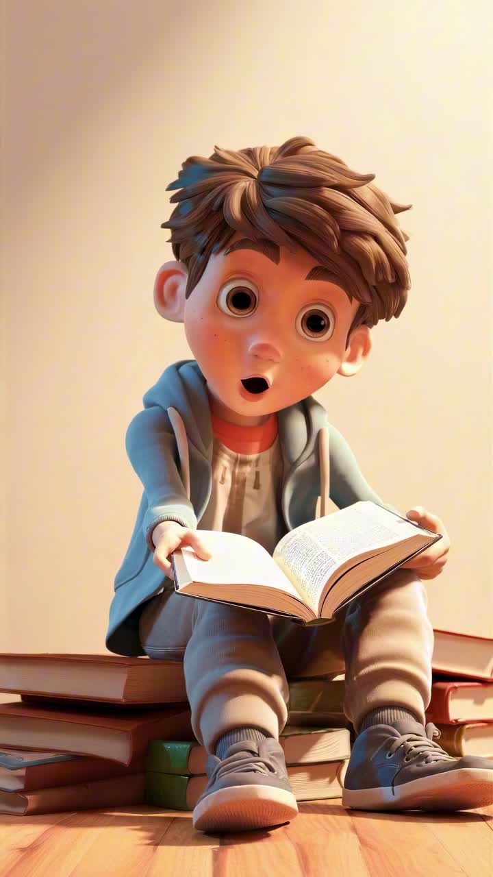 3D animated boy reading a book, sitting on stacked books