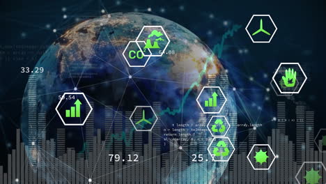 animación de iconos ecológicos y procesamiento de datos en todo el mundo