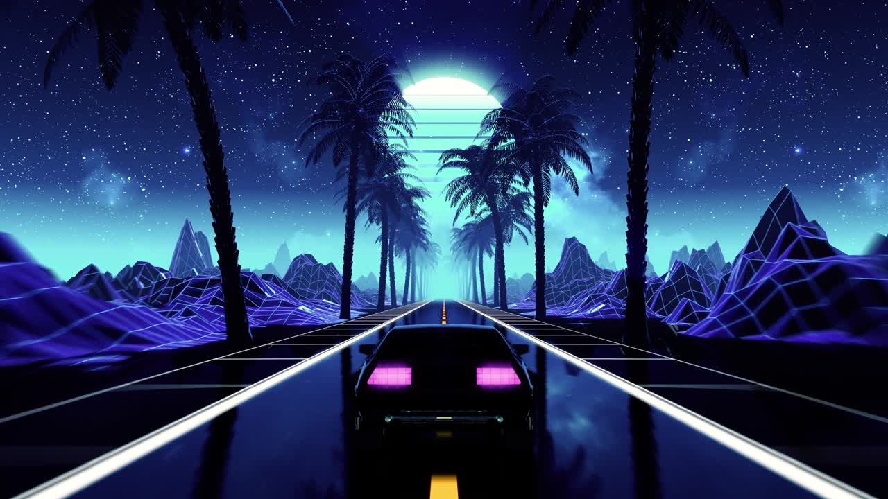 80년대 레트로 퓨처리즘 sf 시엄리스 루프: 빈티지 자동차와 함께 vj 풍경