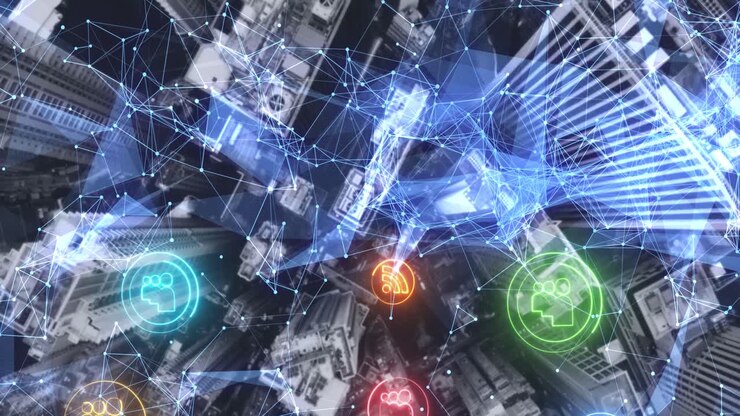 visão aérea da cidade com conexões de rede