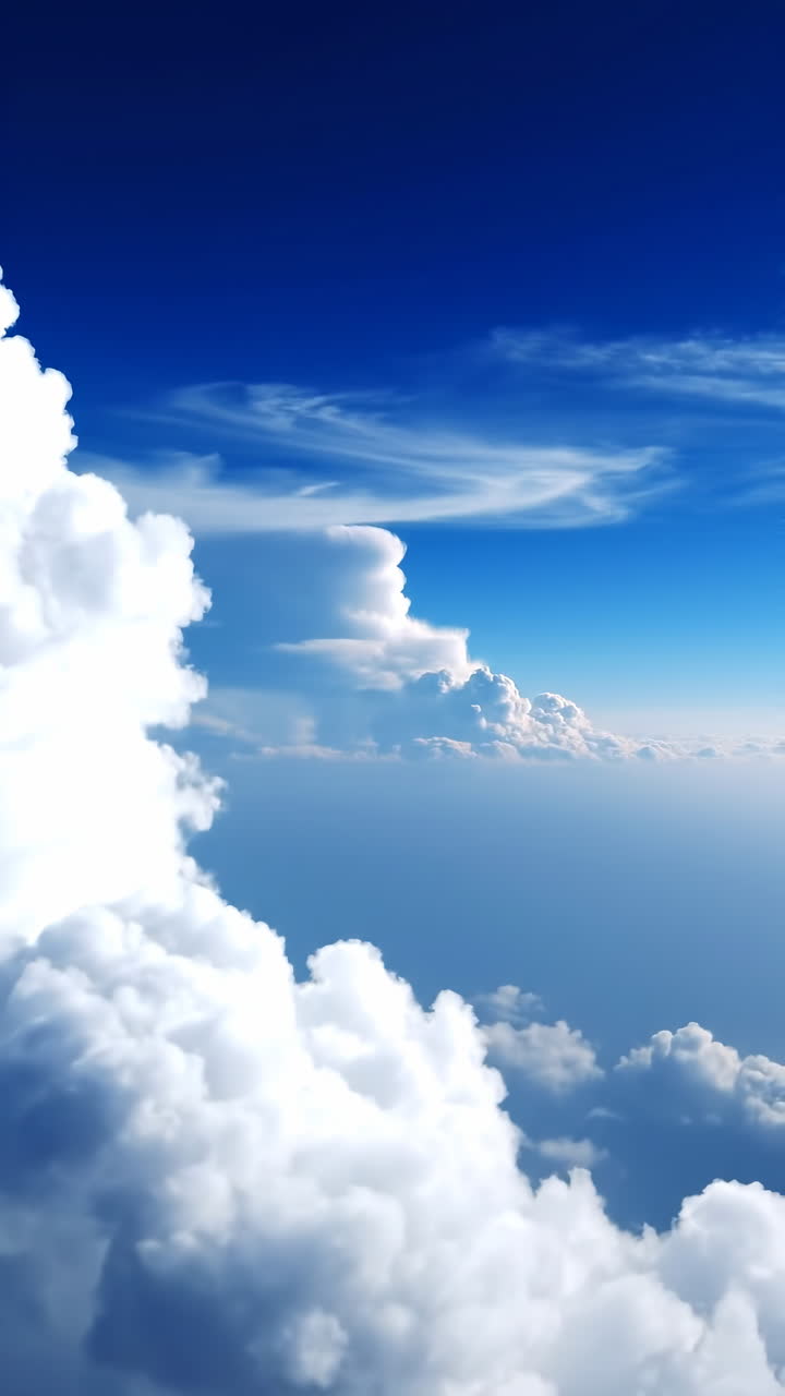 Cumuli Soffici Sotto un Cielo Blu Profondo, Viaggiatore al Finestrino che Contempla l'Orizzonte Infinito, Fotografo con Drone che Riprende