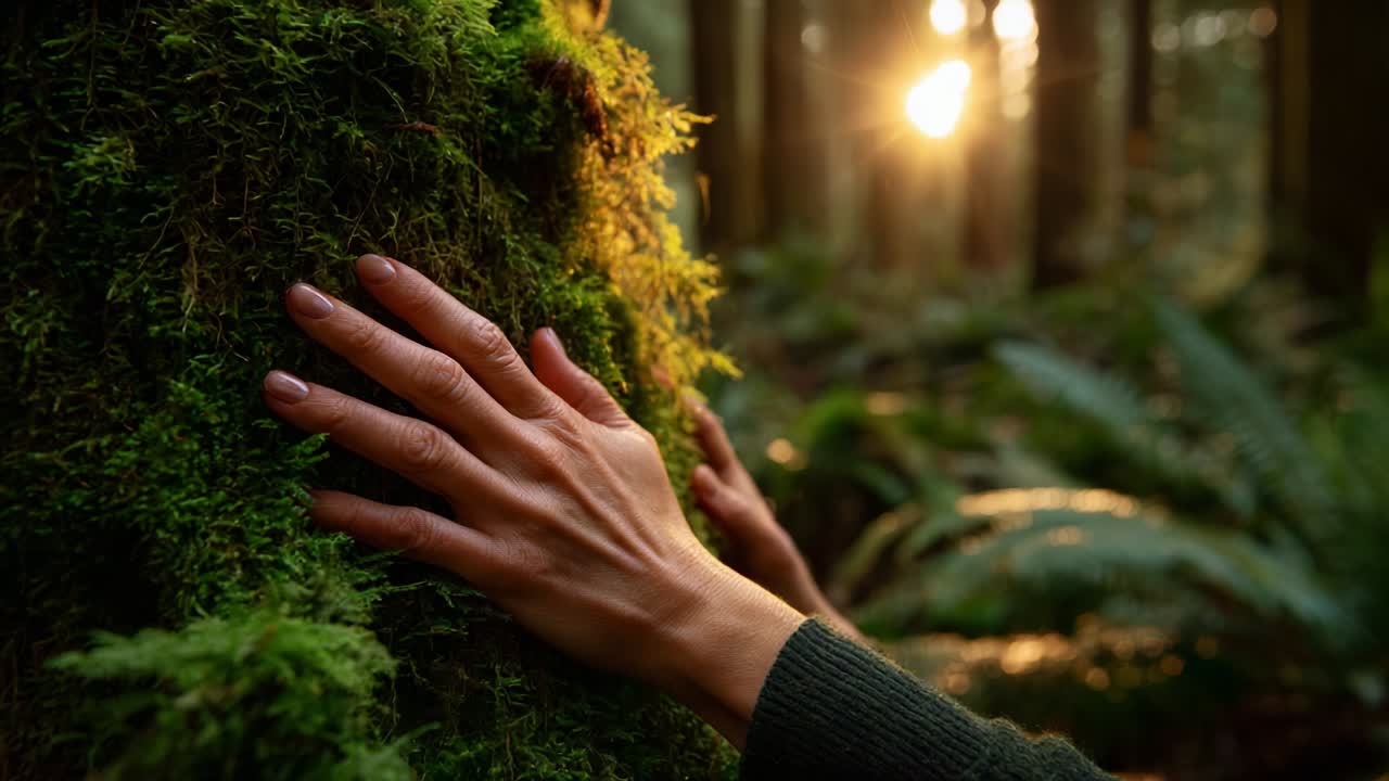 Intimate Connection with Nature: A Close-up View of Hands Gently Touching a Lush Green Moss-Covered Tree Trunk in a Serene Forest Setting at Dusk, Bathed in Soft, Warm Sunlight