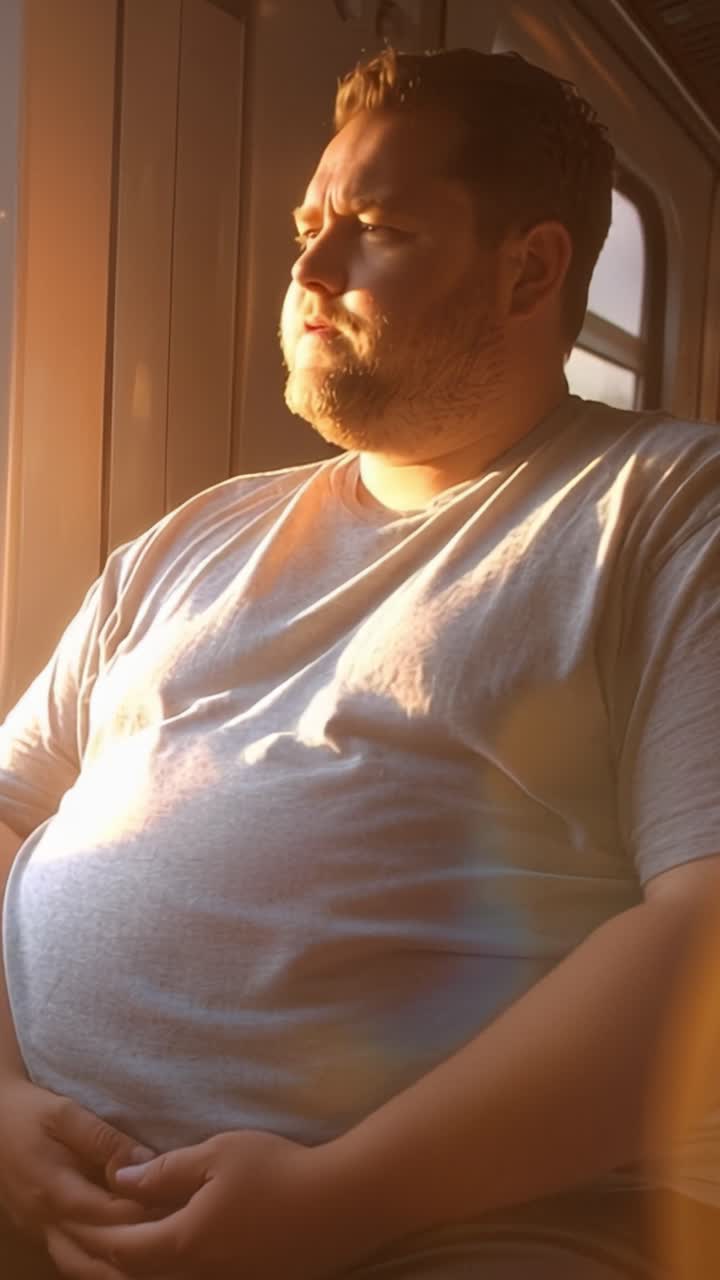 Uomo seduto in treno, la luce del sole ne illumina la figura. Appare calmo, pensieroso, guarda fuori dal finestrino. La scena cattura un momento di viaggio tranquillo, di riflessione personale. Adatto per salute, stile di vita.