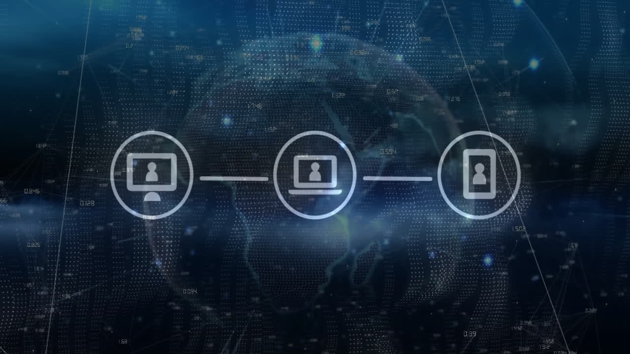 Animation of shapes and icons moving over globe