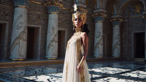a regal woman in ornate egyptian attire stands in a grand hall with hieroglyphs