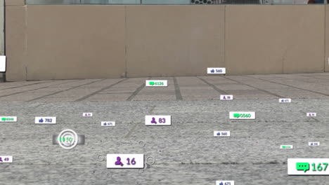 animation of social media data processing over people walking in city street