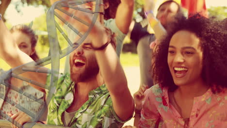 animation von dna-strängen, die sich über menschen drehen, die bei einem konzert tanzen