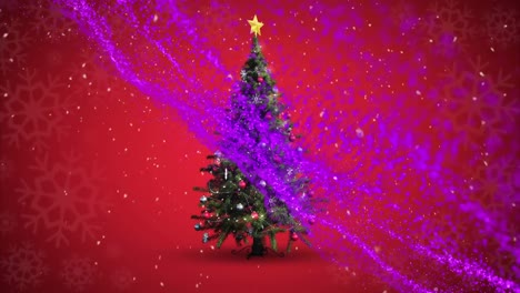 Animation-of-purple-mesh-over-christmas-tree-and-snow-falling-on-red-background