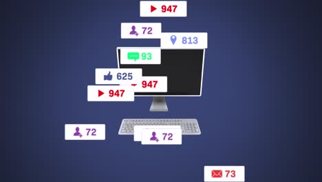 Animation-Von-Mediensymbolen-über-Dem-Computer