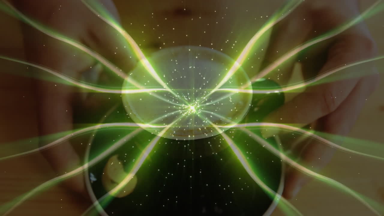 Ceramic mug showing overhead view, with green light trails and wooden tabletop in 3D render