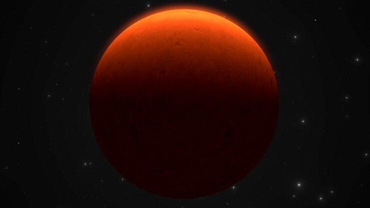 CGI close up of cloudy bright mars-like orange alien planet slowly zooming out in front view into the background of deep space, wide view