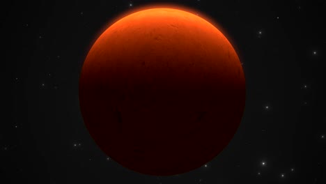 cgi close up of cloudy bright mars-like orange alien planet slowly zooming out in front view into the background of deep space, wide view