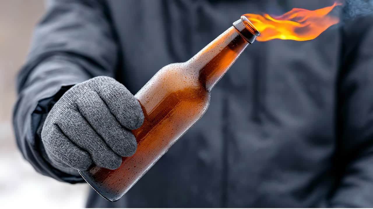 Bottle with flame in cold environment. A person wearing gloves holds a lit bottle in a frosty setting, showcasing a striking contrast between fire and ice