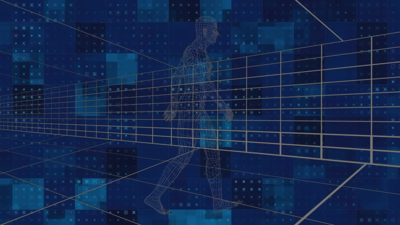 Animation of digital human over shapes on blue background