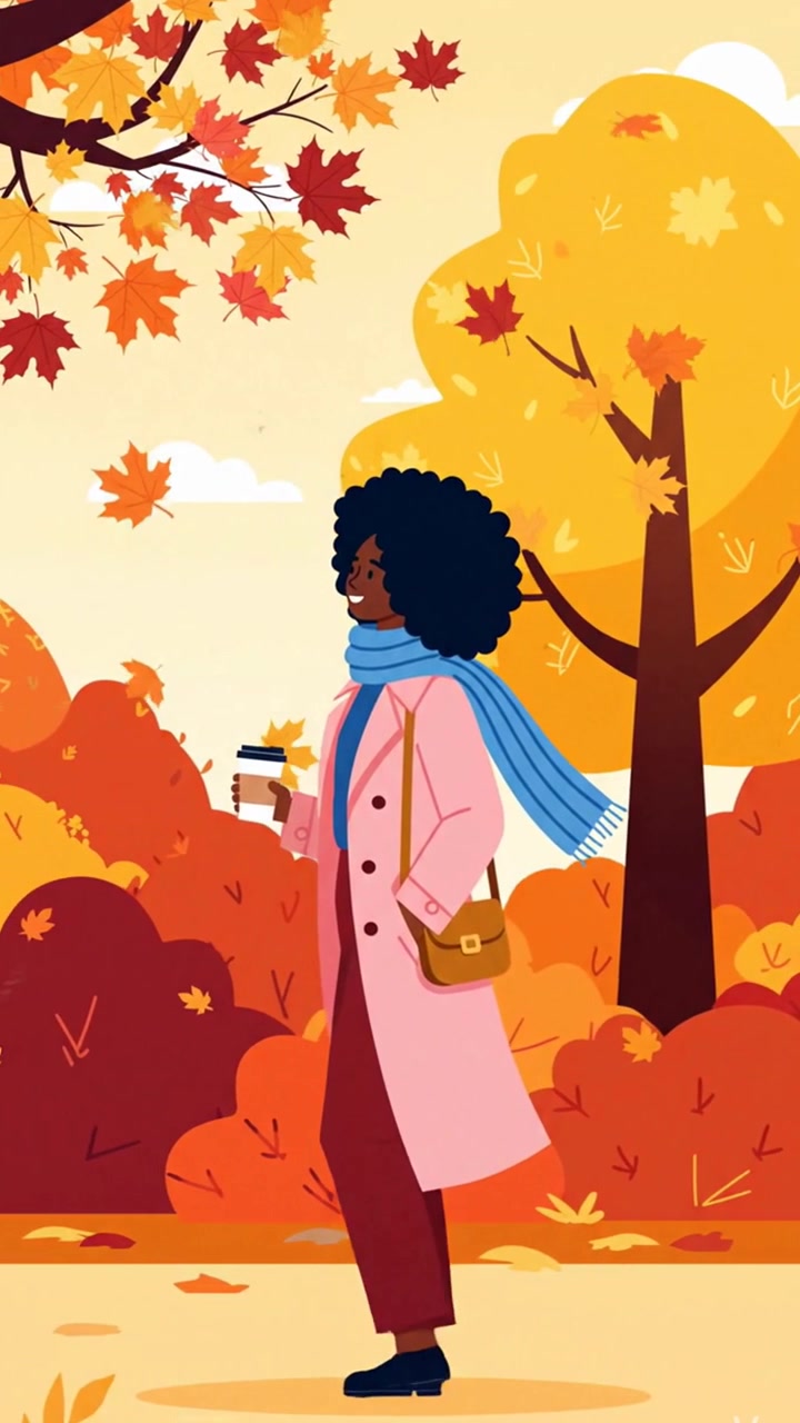 Mujer afroamericana caminando en un parque durante el otoño.