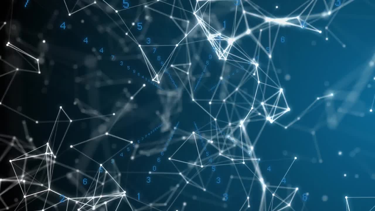 Animation of connected dots forming abstract shapes over changing numbers on blue background