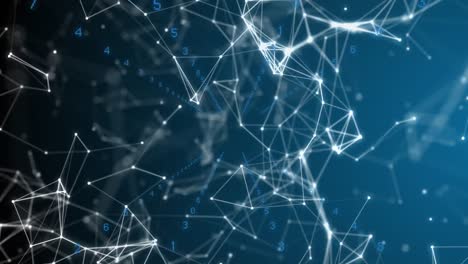 animation of connected dots forming abstract shapes over changing numbers on blue background